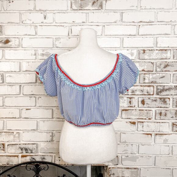 J. Crew Womens Blue and Red Seersucker Rickrack Off Shoulder Bikini Top L - Picture 6 of 9